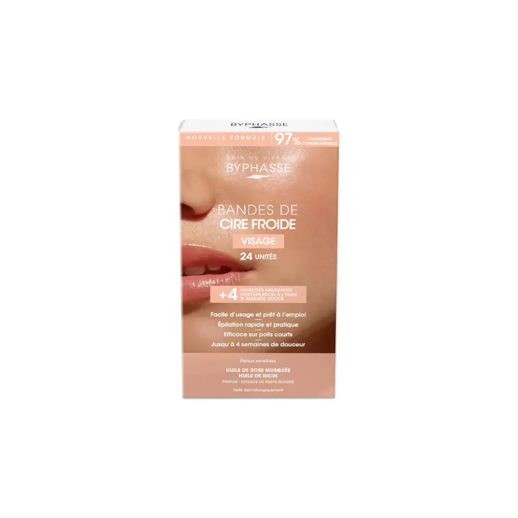 [Byphasse] Cold Wax Strips Face & Delicate Areas For Sensitive Skin (24 Strips + 4 Wipes) / 12